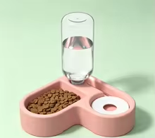 Pink two-in-one pet food bowl with gravity-fed water bottle